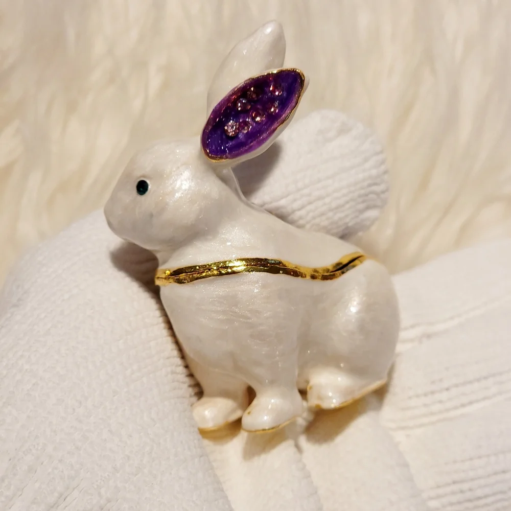 Bejeweled White Bunny Rabbit Hinged Metal Enameled Trinket Box - New